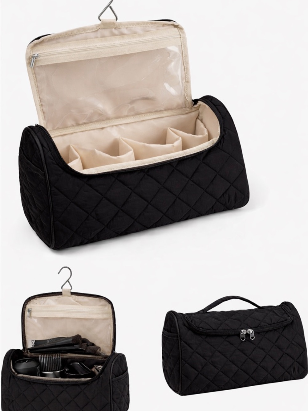 Quilted Hanging Travel Dyson Airwrap Hot Hair Tool Toiletry Bag in Black